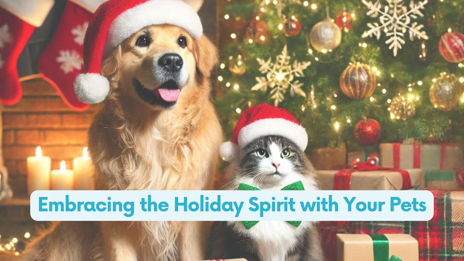 A cozy Christmas scene featuring a golden retriever wearing a red Santa hat and a gray tabby cat with a festive green bowtie, sitting together in front of a beautifully decorated Christmas tree adorned with glowing fairy lights and ornaments. Wrapped presents are scattered underneath the tree, with a warm fireplace and hanging stockings in the background, creating a joyful holiday atmosphere.