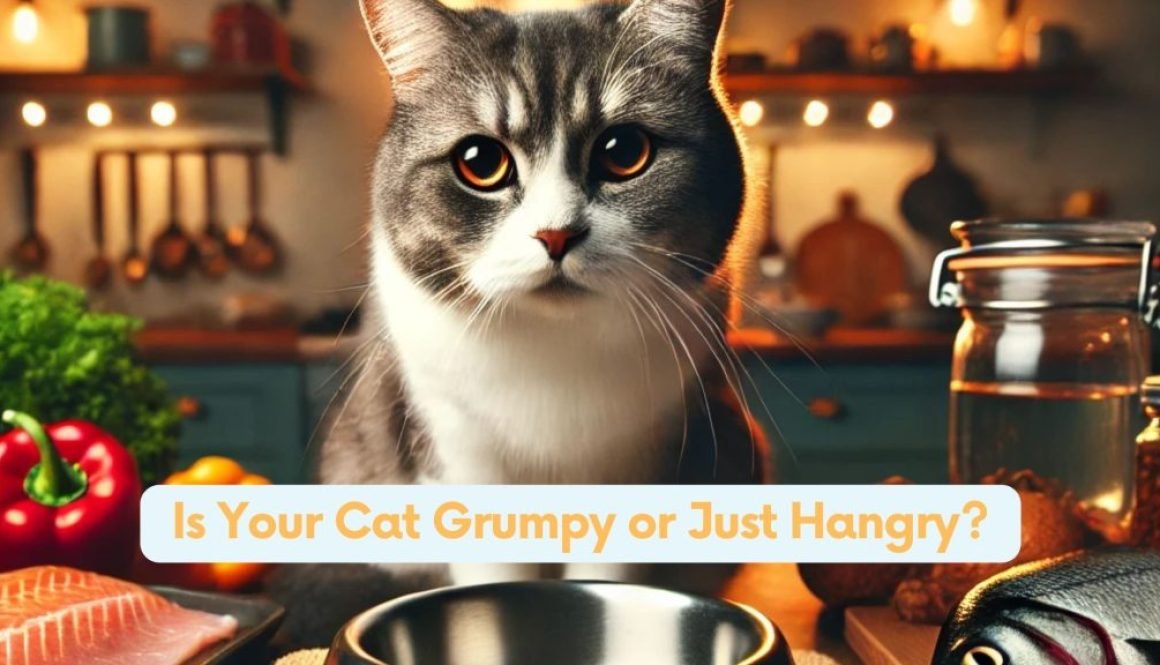 A moody cat with grumpy eyes sits next to an empty food bowl in a warm, cozy kitchen. Fresh ingredients like fish, chicken, and vegetables are arranged on the counter in the background, emphasizing the connection between nutrition and the cat's mood.