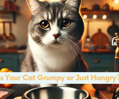 A moody cat with grumpy eyes sits next to an empty food bowl in a warm, cozy kitchen. Fresh ingredients like fish, chicken, and vegetables are arranged on the counter in the background, emphasizing the connection between nutrition and the cat's mood.