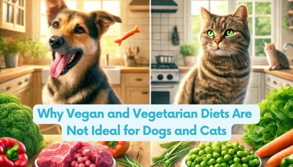 An illustration showing a comparison between two sets of pets: on one side, a vibrant and healthy dog and cat eating fresh, meat-based meals surrounded by raw meat, eggs, and bones in a cozy kitchen; on the other side, a dull and lethargic dog and cat with a bowl of vegetables, surrounded by leafy greens and grains, highlighting the impact of diet on pet health