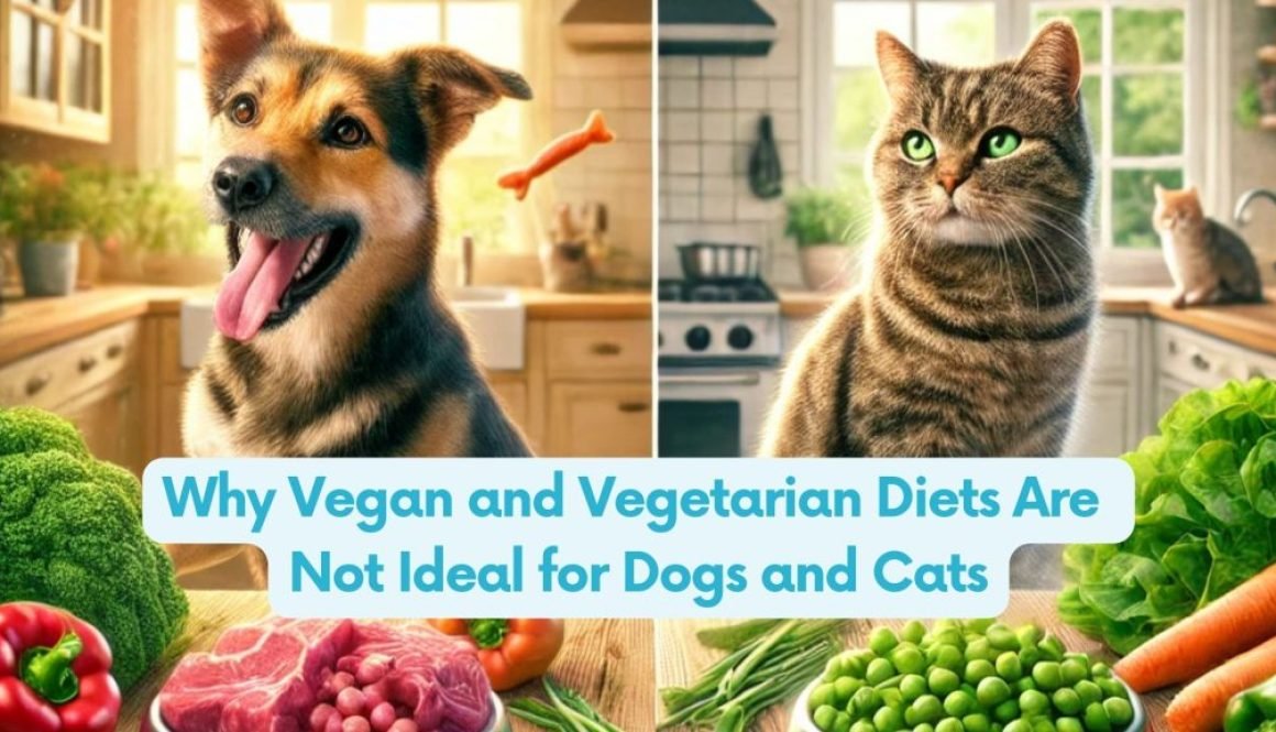 An illustration showing a comparison between two sets of pets: on one side, a vibrant and healthy dog and cat eating fresh, meat-based meals surrounded by raw meat, eggs, and bones in a cozy kitchen; on the other side, a dull and lethargic dog and cat with a bowl of vegetables, surrounded by leafy greens and grains, highlighting the impact of diet on pet health