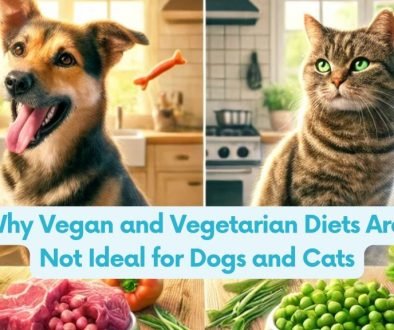 An illustration showing a comparison between two sets of pets: on one side, a vibrant and healthy dog and cat eating fresh, meat-based meals surrounded by raw meat, eggs, and bones in a cozy kitchen; on the other side, a dull and lethargic dog and cat with a bowl of vegetables, surrounded by leafy greens and grains, highlighting the impact of diet on pet health