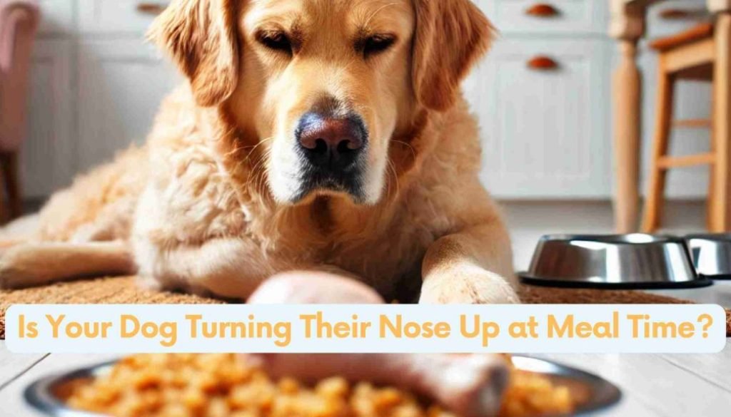 Golden retriever lying on the floor in front of a bowl of plain chicken and rice, with sleepy, half-closed eyes and a disinterested expression, in a cozy kitchen setting.