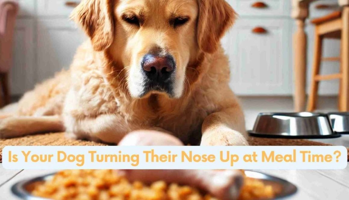 Golden retriever lying on the floor in front of a bowl of plain chicken and rice, with sleepy, half-closed eyes and a disinterested expression, in a cozy kitchen setting.